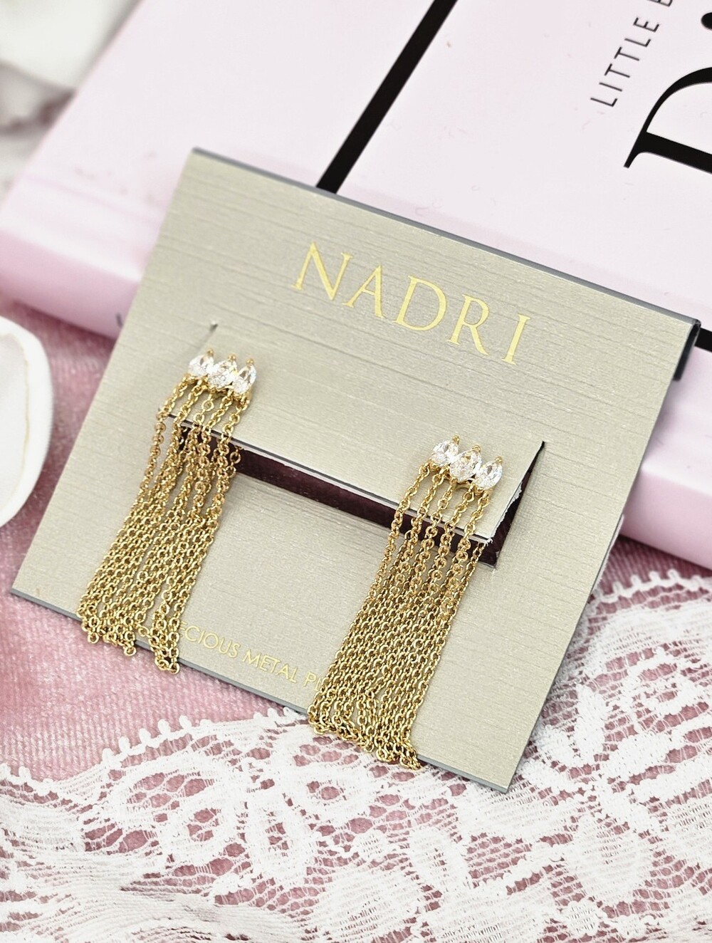 Nadri Crystal Embellished Chain Fringe Drop Earrings Gold Wedding Bridal Formal